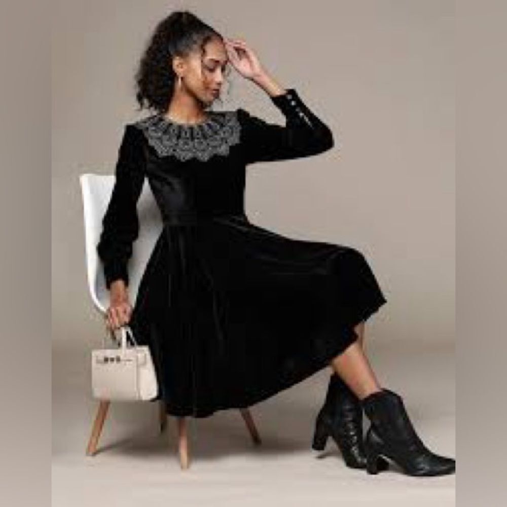 LABEL RITU KUMAR Caroline Flared Dress with Embroidered Yoke in Black M NWT